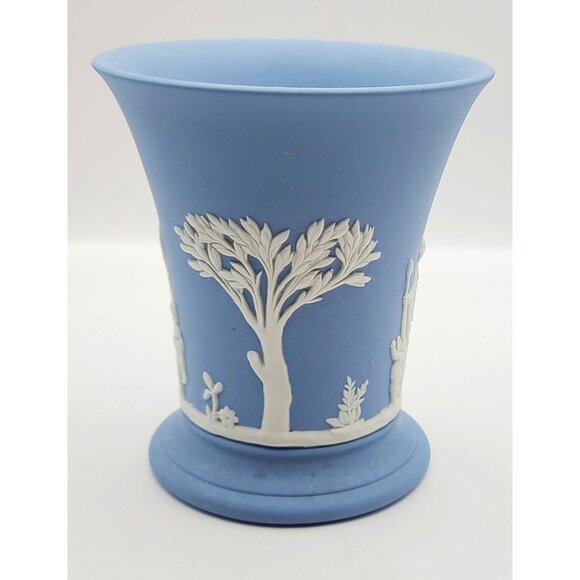 Wedgwood Blue Jasperware Trumpet Vase Cup White Muse Goddess Design 4 Inches - Picture 4 of 9